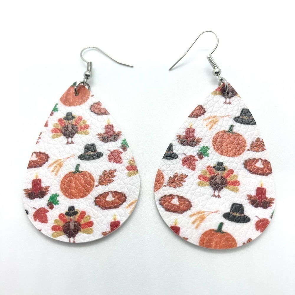 Faux Leather Teardrop Thanksgiving Feast Print Earrings - Picture 2 of 4